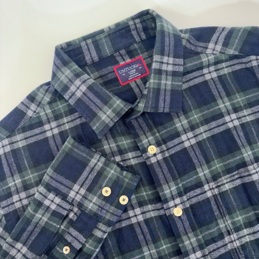 UNTUCKit Mens Large Slim Fit Flannel Shirt Navy Green Plaid Cotton Button Down